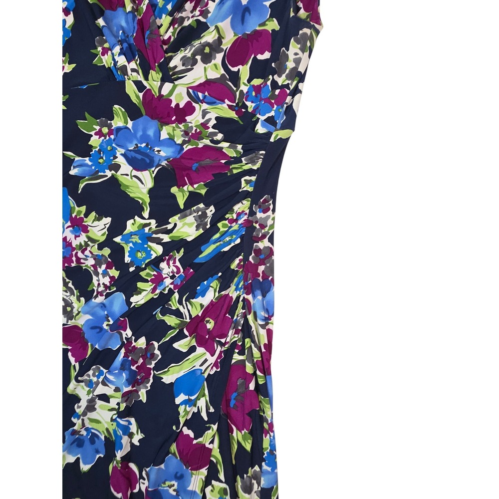 Lauren Ralph Lauren Navy Blue Floral Ruched V-Neck Sheath Dress Womens 10 - Picture 7 of 9
